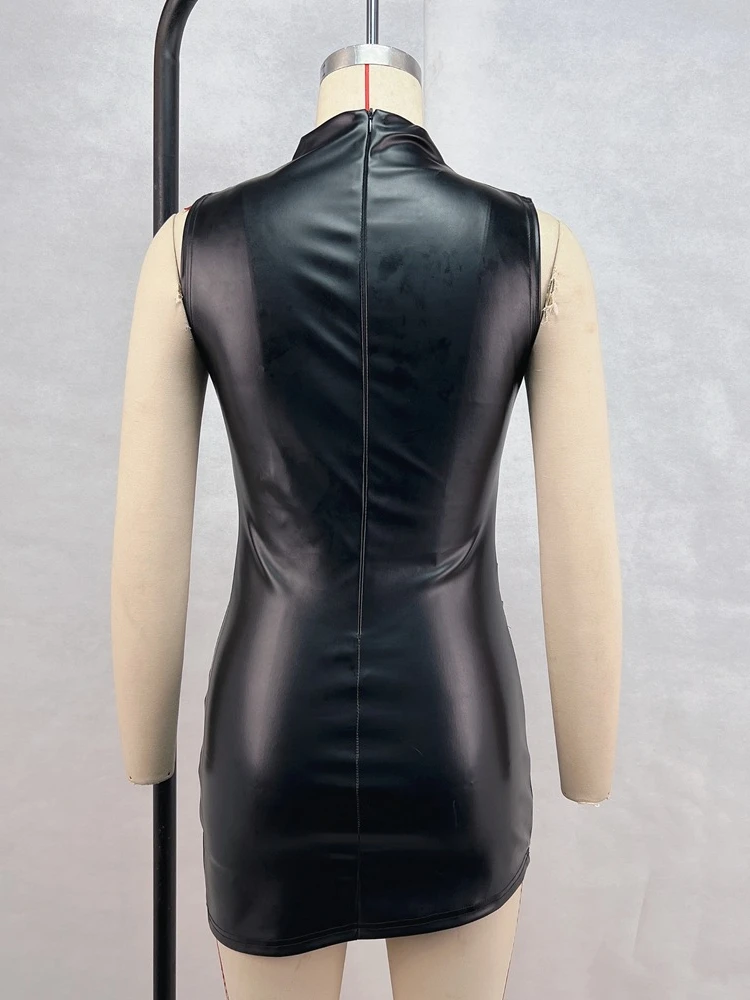 Sexy PU Imitation Leather Girdling Waist Folds Slim Bodycon Dress Women Sleeveless Skinny Evening Dress Club Party Vestidos