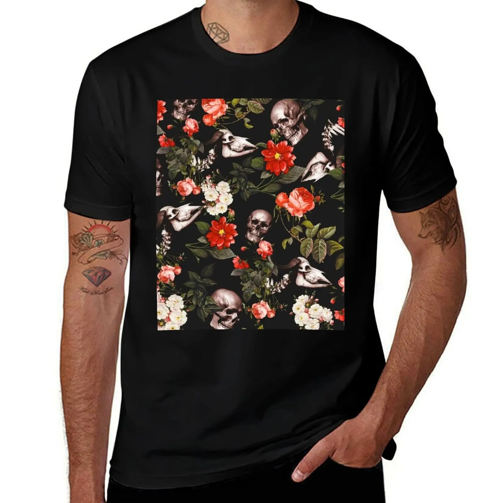 

Skull and Floral Pattern T-Shirt man t shirts high quality luxury brand t shirts for man cotton t shirt man casual T-shirt