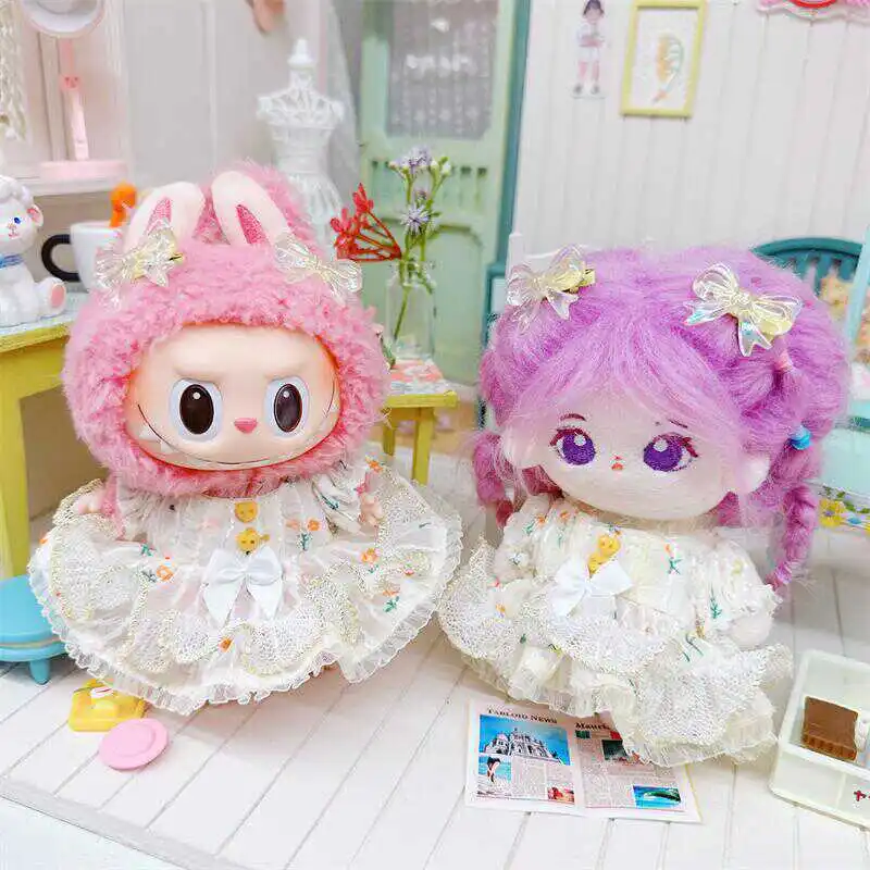 

Одежда Kawaii Labubu 10-17 см, золотое платье с героями мультфильмов, комплект из 3 предметов, плюшевая кукла, аксессуары, игрушки для девочек, фанаты, подарки