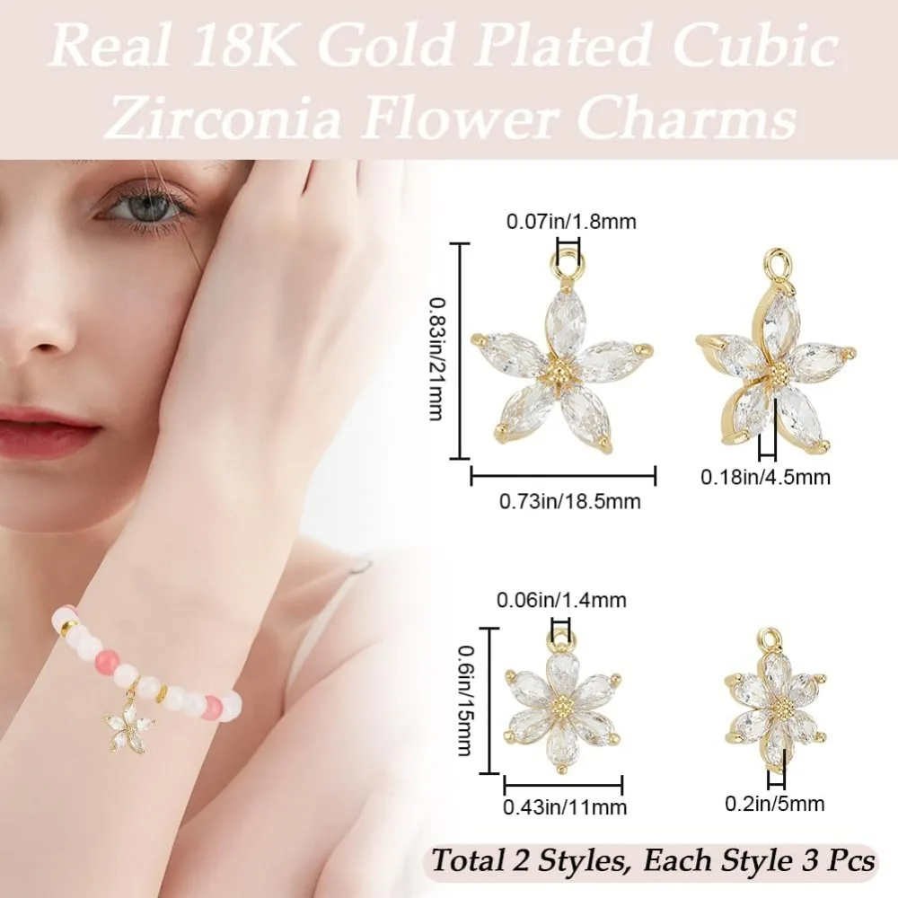 6Pcs 2 Style Cubic Zirconia Flower Charms 18K Gold Plated Floral Daisy Crystal Rhinestone Pendant Charms with Jump making kit