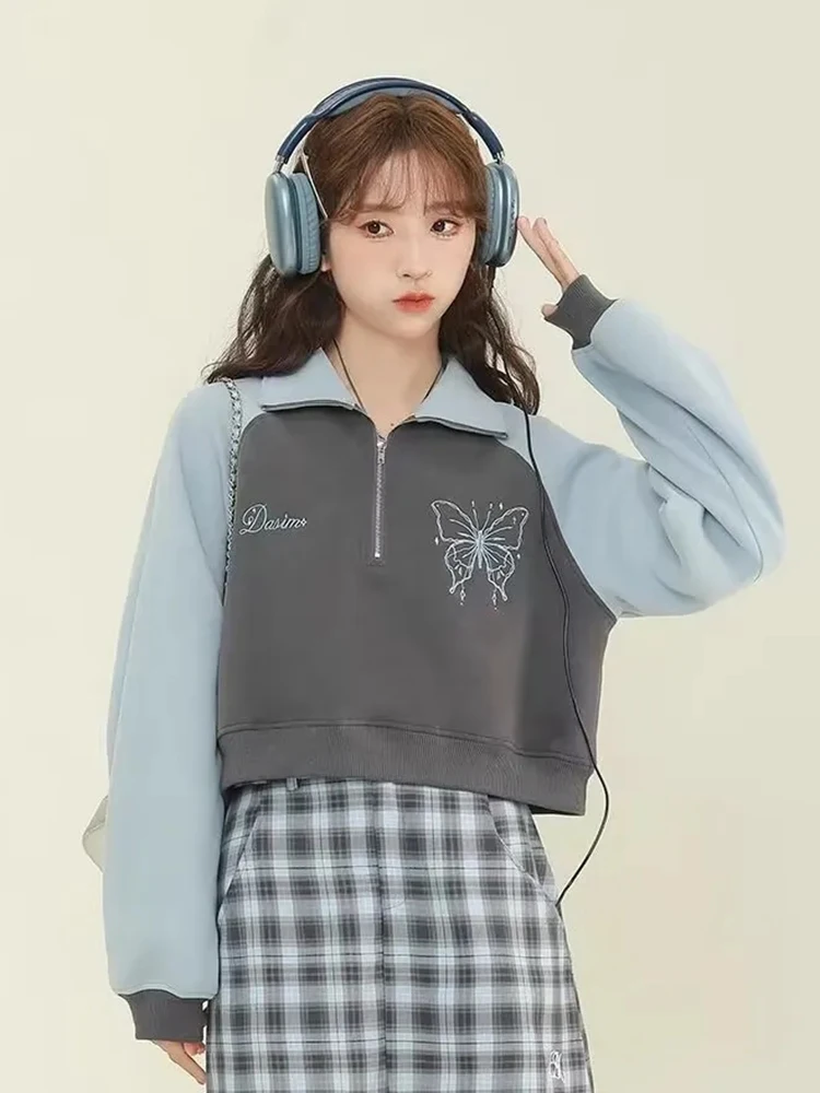 

Jmprs Vintage Bufferfly Sweet Sweatshirts Women Loose Cropped American Pullovers Casual Long Sleeve Female Spring Embroidery Top