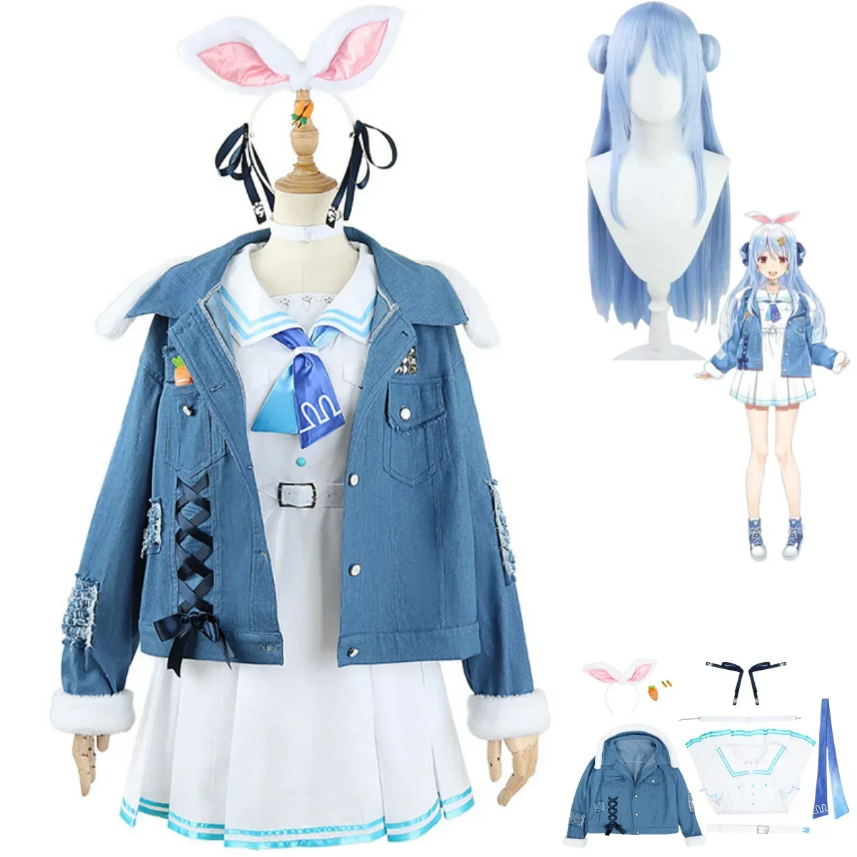 

Anime Virtual YouTuber Usada Pekora Cosplay Costume Wig Denim Jacket JK Dress Adult Woman Kawaii Carnival Party Sailor Suit