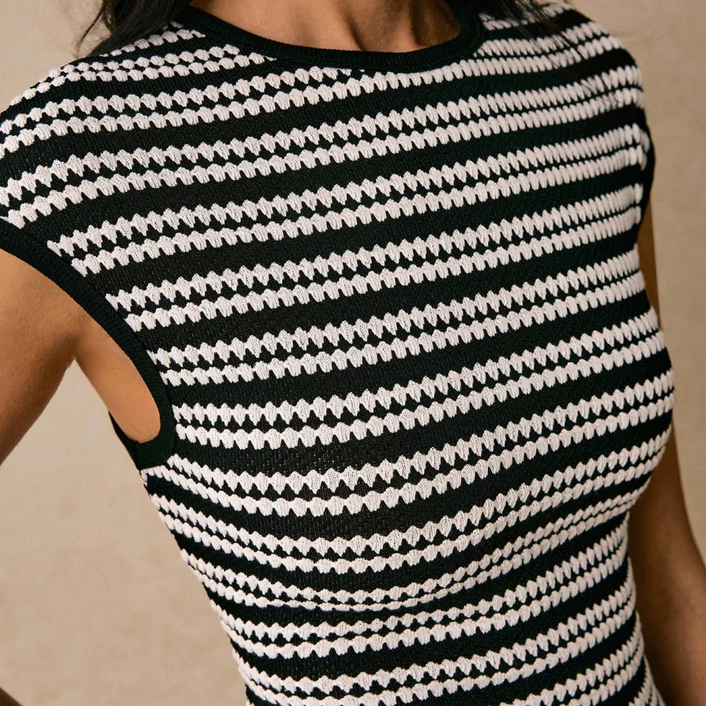 Elegant Ladies Summer Colorblock Striped Long Dress Round Neck Short Sleeve Slim Fit Maxi Dresses Casual Street Style