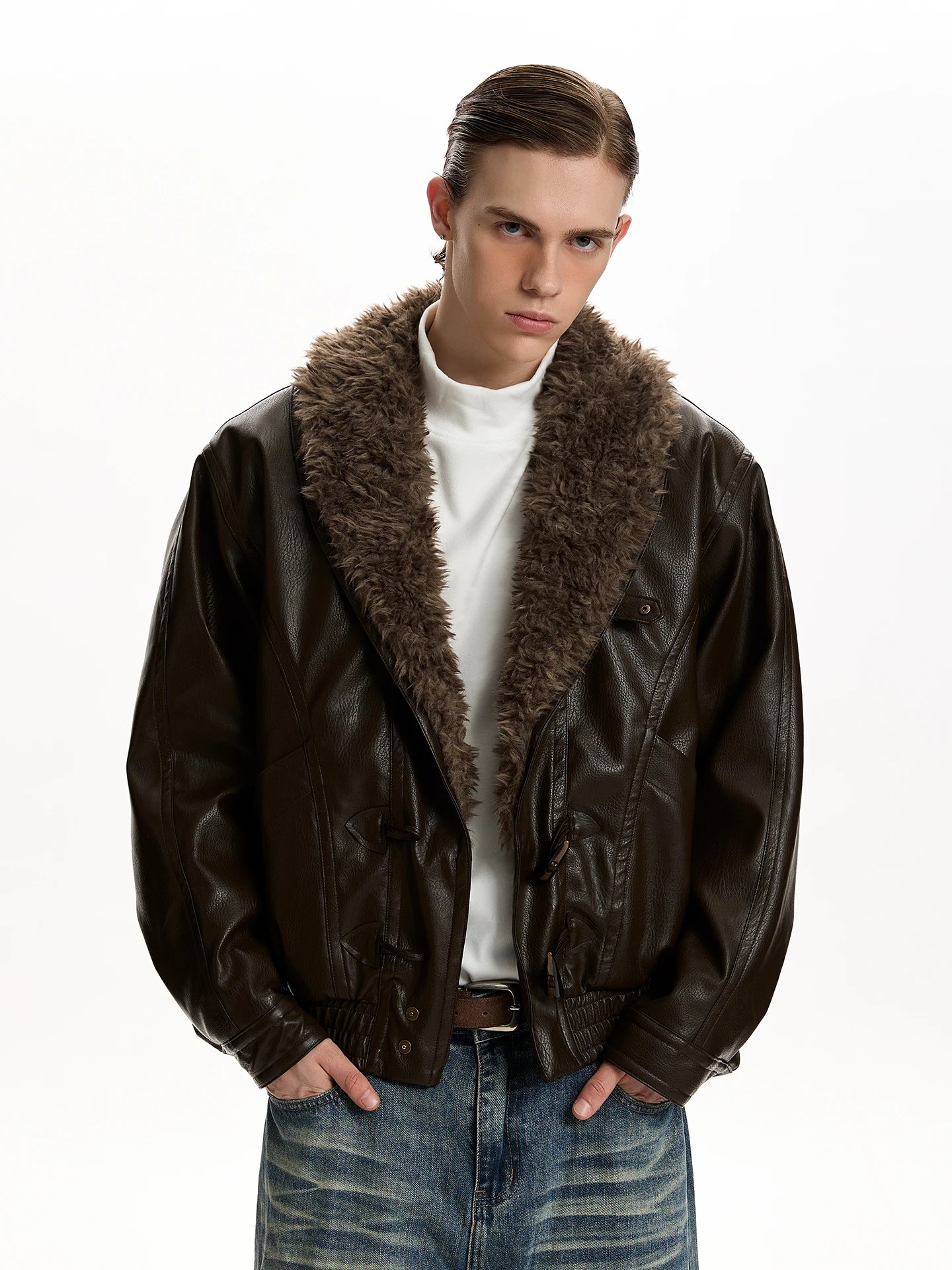 

Мужская зимняя верхняя одежда: куртка PUEE в американском ретро-стиле из искусственной кожи с утепленным меховым воротником и хлопковым наполнителем