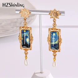 2024 New Van Gogh Paintings Drop Earring Starry Night Retro Rectangular Earrings Golden Mandala Charm Glass Cabochon Jewelry