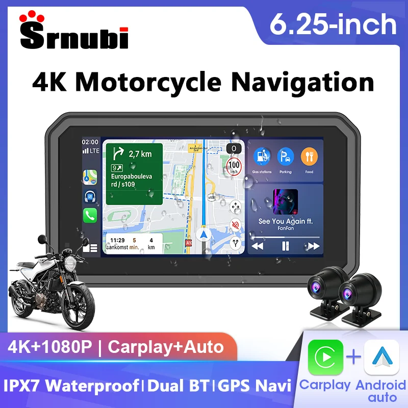 

Портативный 6,25-дюймовый монитор для мотоцикла с CarPlay, GPS-навигацией, Android Auto, поддержкой камер 4K+1080P, TPMS и водонепроницаемостью IPX7