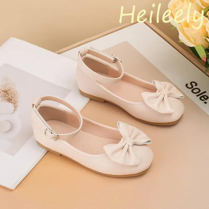 

2024 New Kids Shoes for Girl Round Toe Beige Color Rubber Buttom with Bow Ankle Wrap Cute Flats 27 28 29