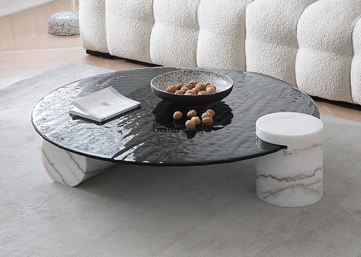 

Italian Minimalist round Tea Table Marble Water Ripple Hot Melt Glass Tea Table