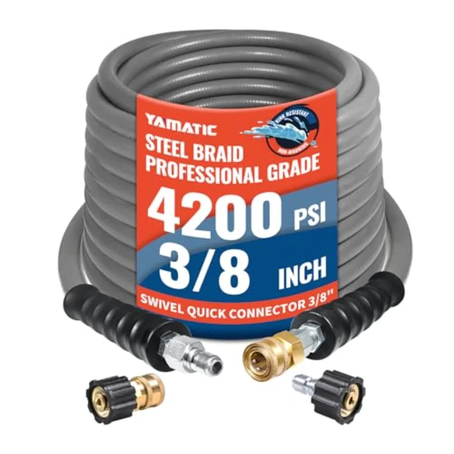 

Шланг для мойки высокого давления True 3/8" ID, 50 футов, 4200 PSI, 250 ° Гибкий резиновый шланг F Hot Water Steel Braided Non-Marking Gray Rubber Hose 360 ° Поворотный соединитель 3/8" Qu