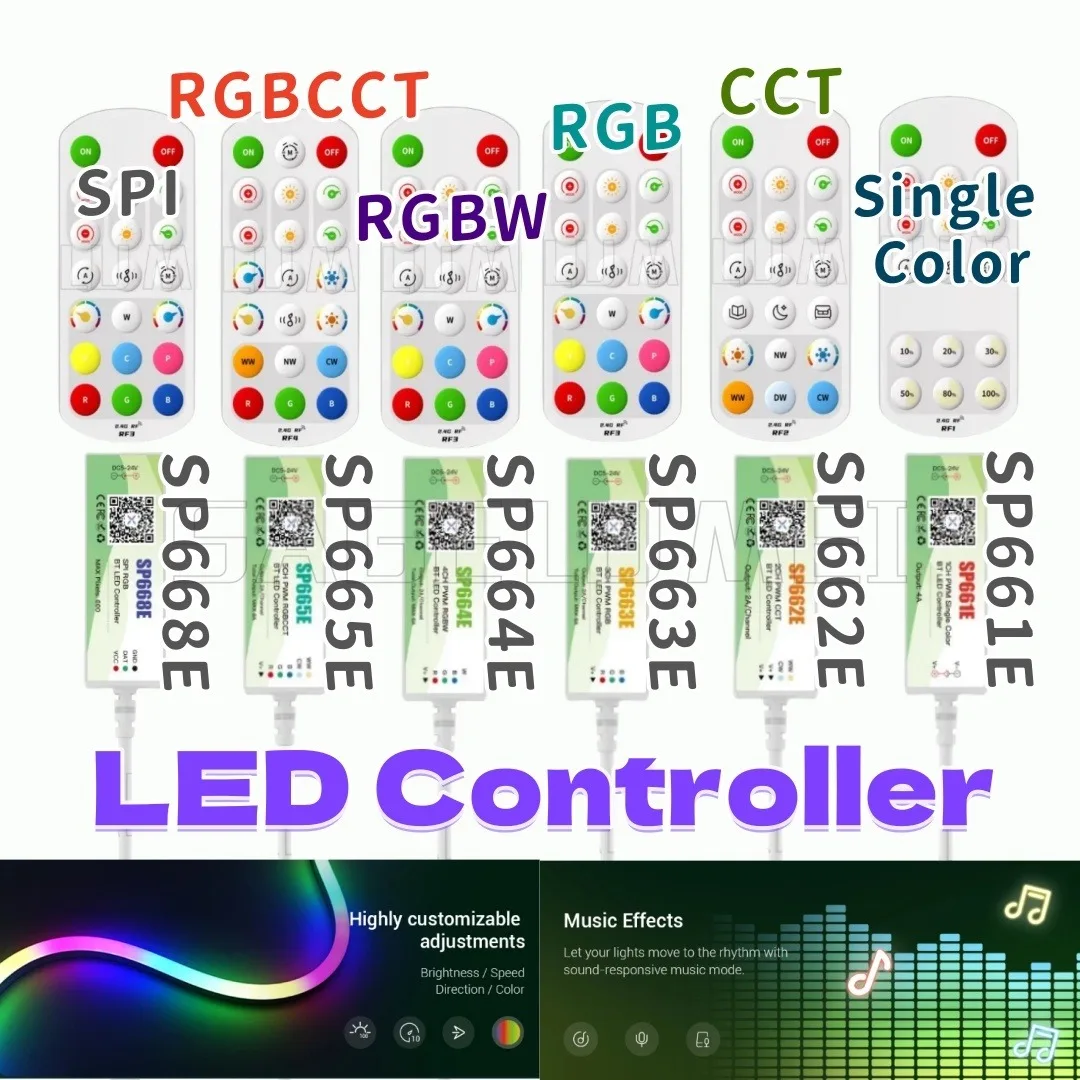 

SP661E/62E/63E/64E/65E/68E 1CH/2CH/3CH/4CH/5CH Управление через приложение и радиочастотный пульт дистанционного управления 2,4G для одноцветных световых полосок RGBW RGBCCT