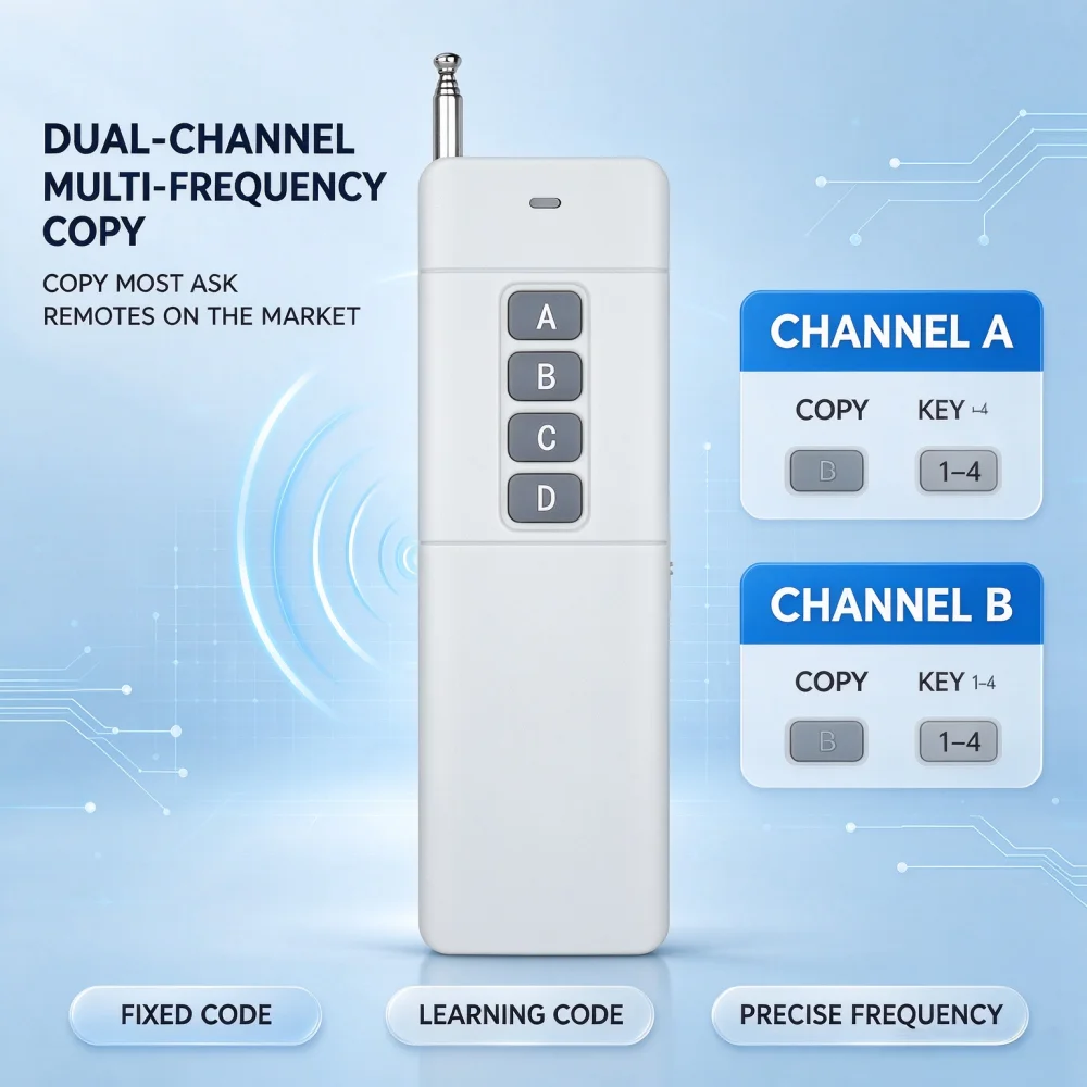 Dual-Channel Remote Control Multi-Frequency RF Cloning Garage Door Electric Gate Access Control Panel 4-Key Copy Remote