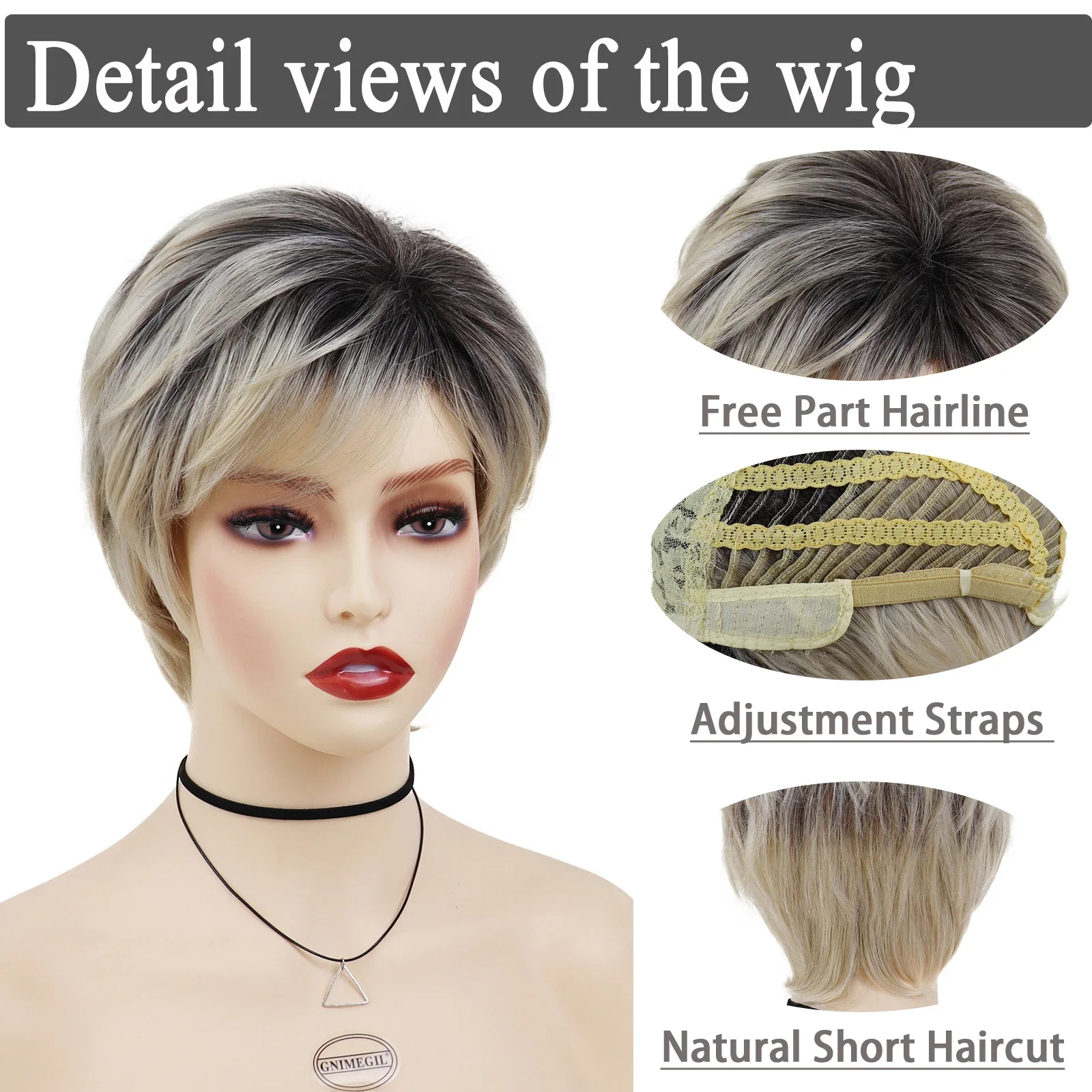 GNIMEGIL Synthetic Ombre Blonde Wig with Bangs Pixie Cuts Short Wigs for Women Dark Roots Natural Hair Female Cosplay Mommy Wigs