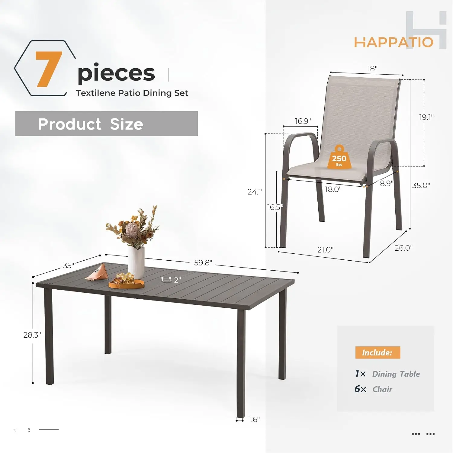 Outdoor Patio Dining Set, 6 Quick Dry Textilene Dining Chairs and Dining Table with Umbrella Hole, Stackable, Customized