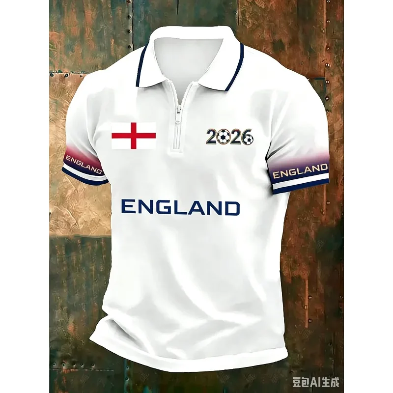 England Football Half Zip Polo Shirt George Cross Print T-shirt Men Soccer Fans Supporter Uniform Casual Streetwear Sport Tee