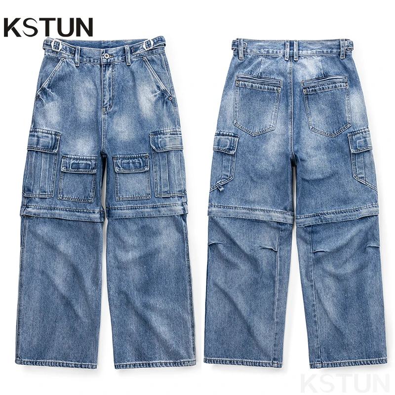 

Streetwear Jeans Men Cargo Pants Loose Wide Leg Light Blue Hip Hop Denim Trousers Multi-Pockets Dismountable Zipper Desinger New