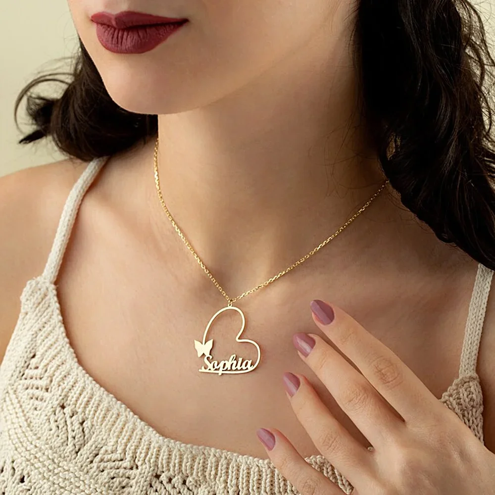 

Personalized Custom Name Necklace With Heart Butterfly Gold Color Stainless Steel Chain Handmade Nameplate Jewelry Best Gifts