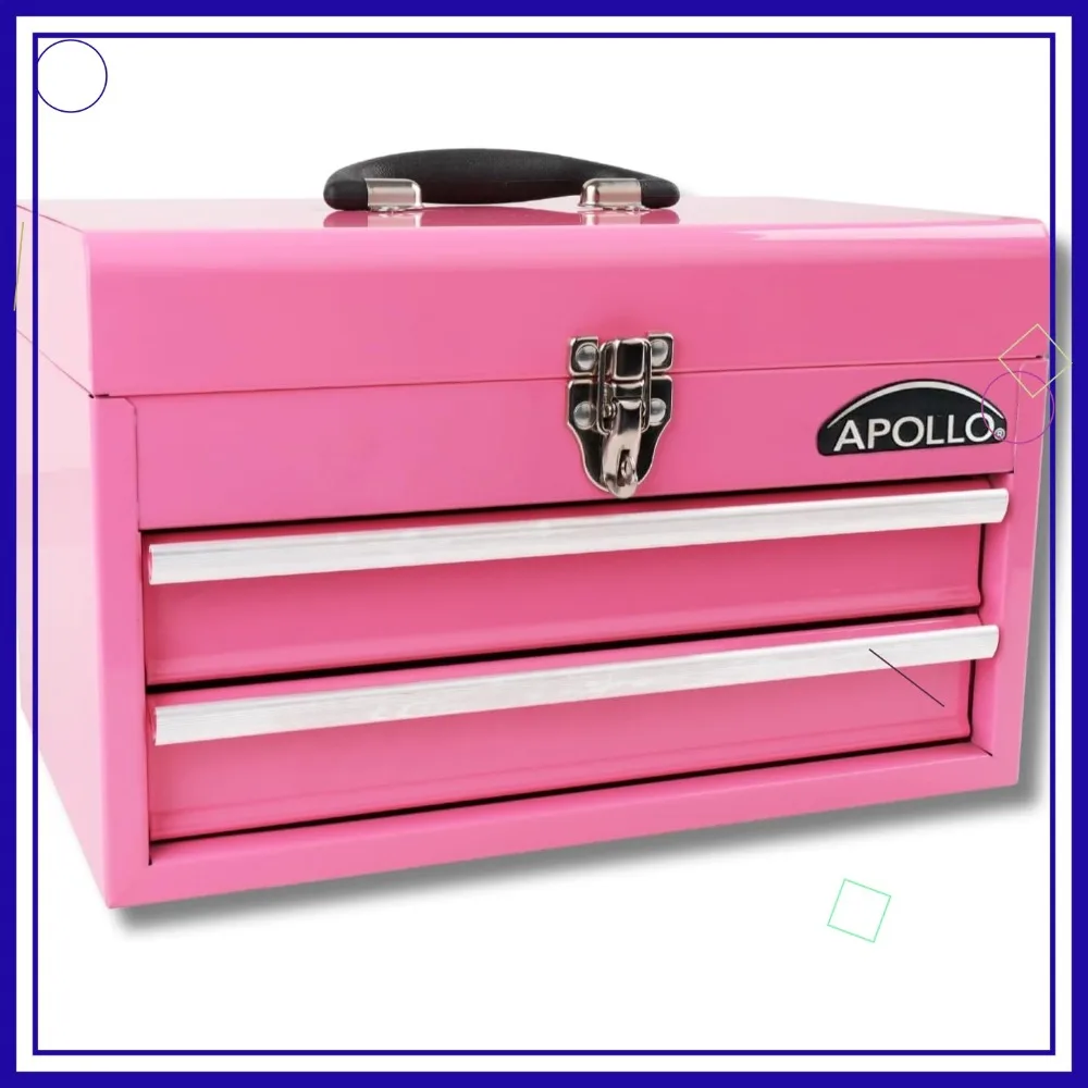 

14 Inch Heavy-Duty Steel Tool Box with Deep Top Compartment, 2 Drawers, Ball Bearing Opening, Powder Coated Finish in Pink