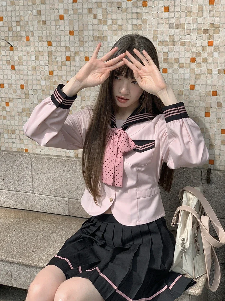 Japanese Preppy Style Jk Uniform Suit Pink Sailor Collar Long Sleeve Shirt High Waist A-line Pleated Skirt Two-piece Set Women