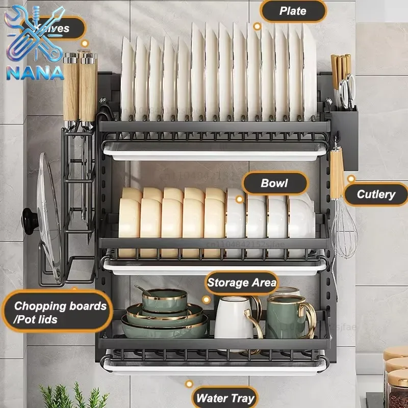 Wall-Mounted Kitchen Dish Rack Multifunctional Kitchen Organizer with Drainboard Cutlery Storage Holder Dinnerware Drainer