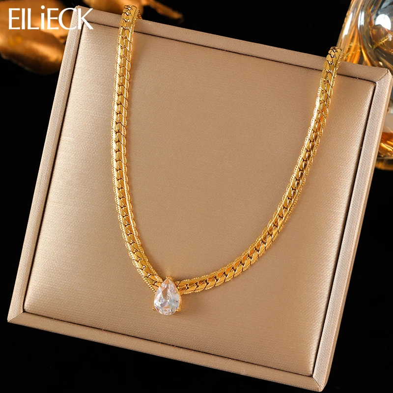 EILIECK 316L Acero inoxidable Metal cadena dorada lágrima Bling Zirconia collar 18K PVD plateado impermeable joyería de moda mujeres