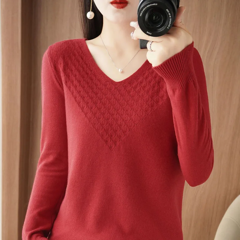 Spring and Autumn New Wool Color Matching Round Neck Long sleeve T-Shirt Women Loose Slim Cotton And Linen Sweater Top