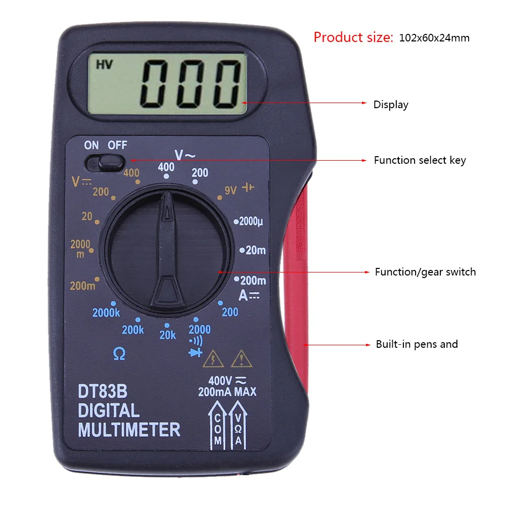 DT83B multimetro digitale Mini amperometro tascabile voltmetro portatile Ohm misuratore di corrente di tensione 1999 conteggi Tester di capacità