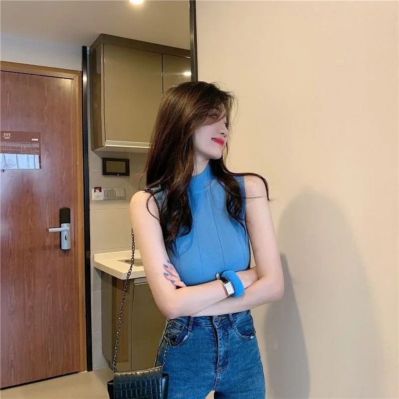 الصيف الربيع تانك القمم المرأة أكمام محبوك تي شيرت المحاصيل القمم الإناث مطاطا سليم سترات غير رسمية البلوز كاميس