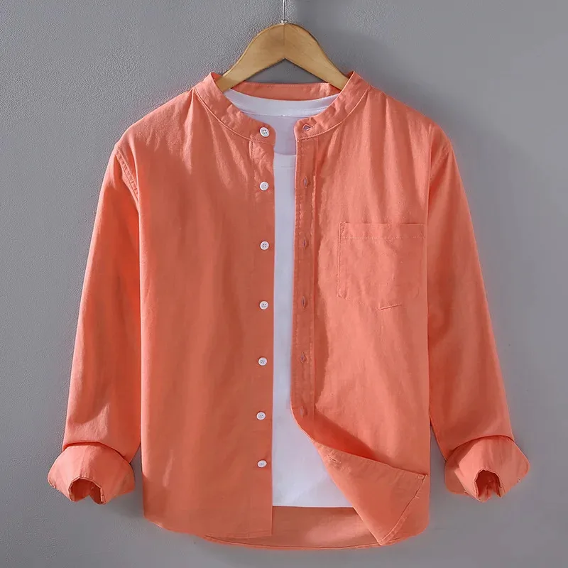 

Японская мужская льняная хлопковая тонкая рубашка в стиле Харадзюку с воротником-стойкой и длинным рукавом, однотонные рубашки, мужские повседневные дышащие классические топы