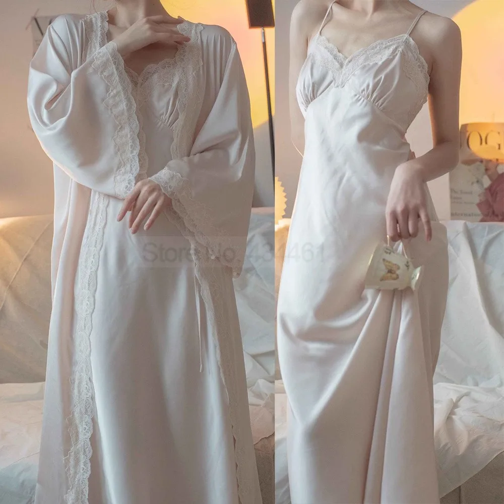 Lady Satin Robe Set Summer Two Pieces Bathrobe&Strap Nightgown Suit Ulta Long Lace Trim Sleepwear Sexy Nightwear V-Neck Lingerie