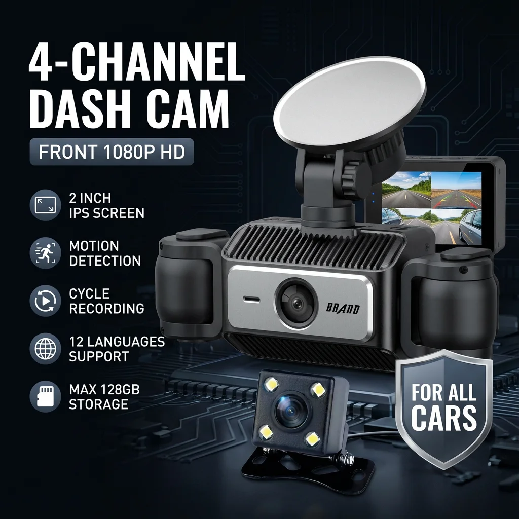 

4-канальный видеорегистратор с записью 1080P HD спереди, сзади, внутри салона (слева и справа), с функцией обнаружения движения, циклической записью и режимом парковки 24 часа