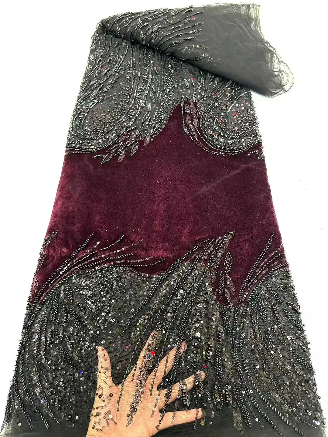 

Luxury African Velvet Beaded Sequin Lace Fabric 2026 Wine Red Groom Embroidery Fabric French Ladies Evening Dress Sewing