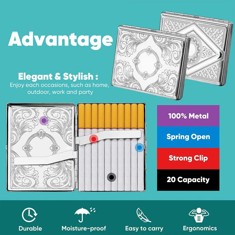 20 عبوة من صندوق سجائر محمول منقوش من الفولاذ المقاوم للصدأ مقاوم للضغط للرجال علبة سجائر سميكة للعادية #4