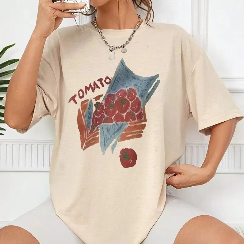 2026 Vintage Tomato Style Sun and Handprint Women's T-Shirt Casual Loose Short Sleeve Top Aesthetic Zodiac Cute Fashion Y2K Top