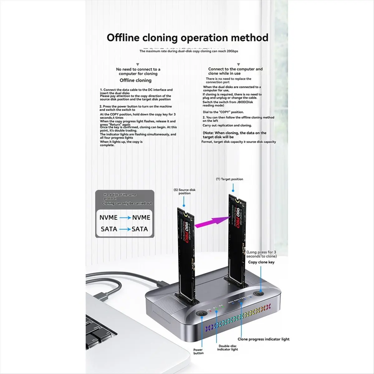 docking-station-a46u-dual-bay-m2-rgb-nvme-ngff-ssd-usb32-gen2-type-c-con-trasferimento-dati-20gbps-supporto-clonatore-offline