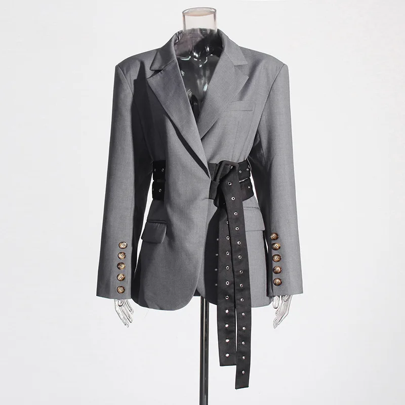 WTHT Fashion Women's Patchwork Double Belt Minority Design Blazer 2024 Autumn Trendy Long Sleeves Lapel Coat Female 1LS154