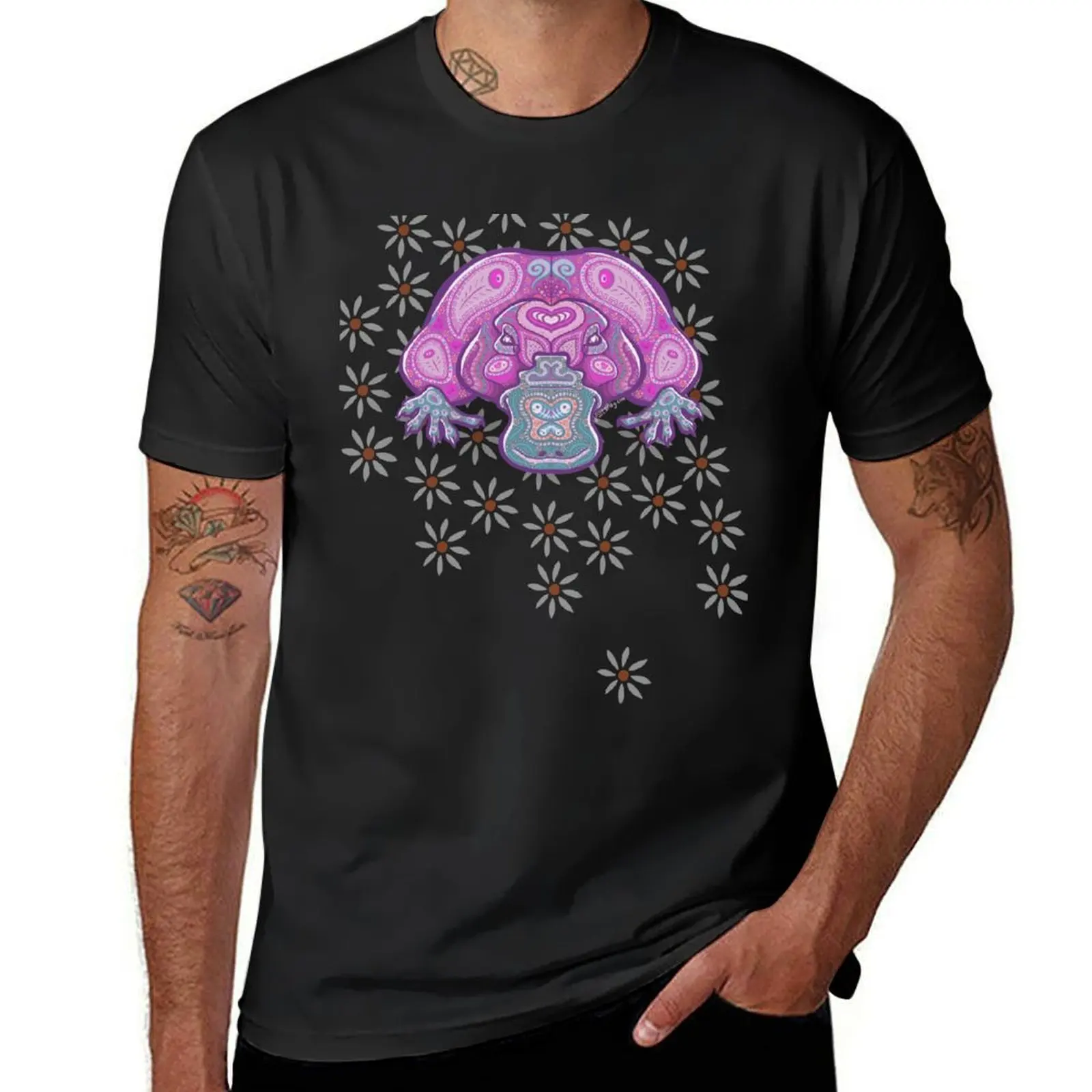 Alebrijes Style Platypus with Daises T-Shirt oversized korean fashion quick-drying big and tall t shirts for men