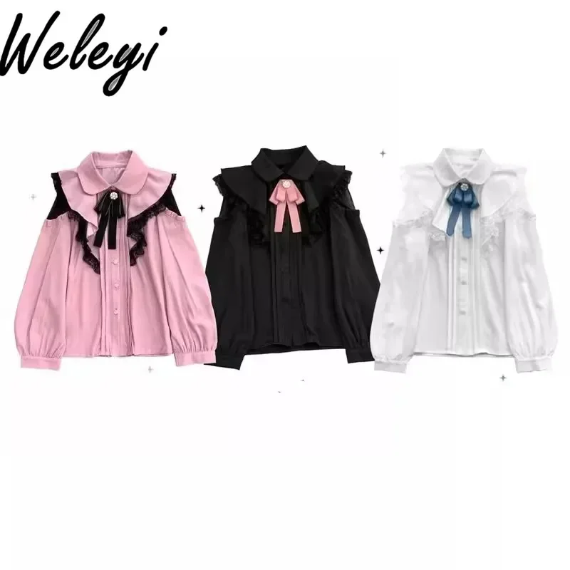 Pink Kawaii Lolita Mine Lace Trim Shirts Spring Japanese Style Women Cutecore Polo Collar Long Sleeved Straight Koszule I Bluzki