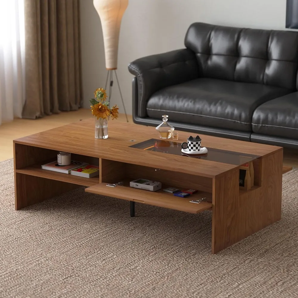 Mid-Century Modern 51.18 Coffee Table with LED Light & Storage, Versatile Living Room Table for Home Decor & Organizing, Stylish