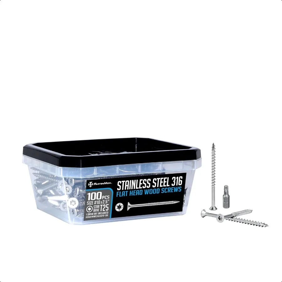 FastenMon 10 x 21 2 Marine Grade Type 316 Stainl Steel Wood Screws 100 Pack with T25 Bit Torx Flat Head Type 17 Point Ideal for