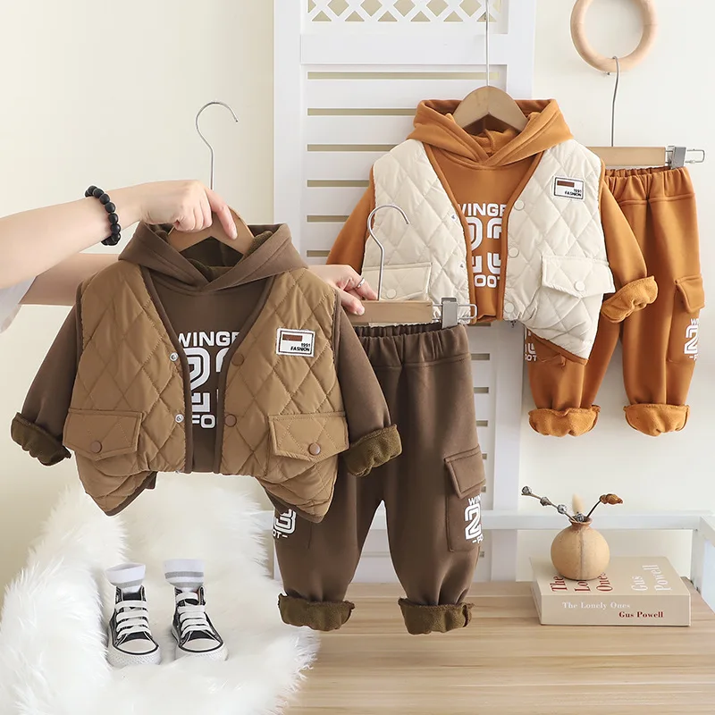 الأولاد ملابس سميكة مجموعات الشتاء 2024 الأطفال الدافئة المخملية سترة بلوزات معاطف السراويل 3 قطعة دعوى للطفل رياضية الاطفال وتتسابق #4