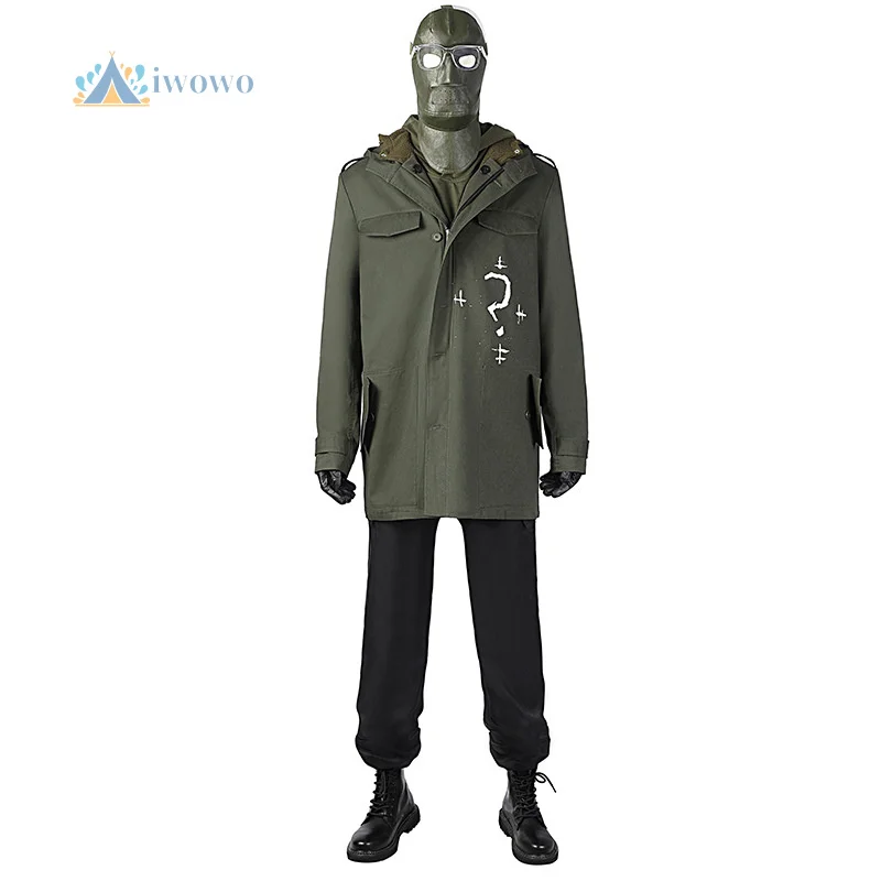 

Армейский зеленый костюм для косплея Riddler, куртка с маской, головные уборы, перчатки, Эдвард Нигма, пальто с вопросительным знаком, наряды на Хэллоуин