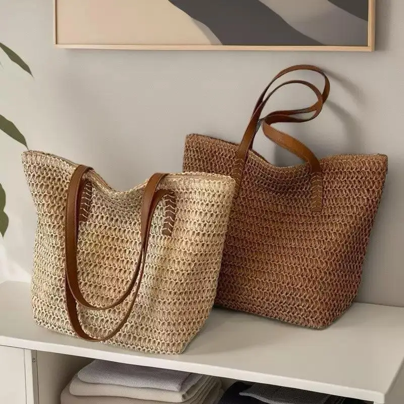 1 Stück Böhmische Sommermode Stroh-Strandtasche Handgewebte Damen-Schulterhandtasche Reise-Shopper Gewebte Einkaufstaschen – Detail 7