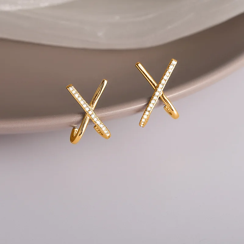 Starmoon 2022 Gold Color  X Shape Cross Zircon Stud Earrings Female All-match Simple Unique Design Charm Jewelry Couple Gift