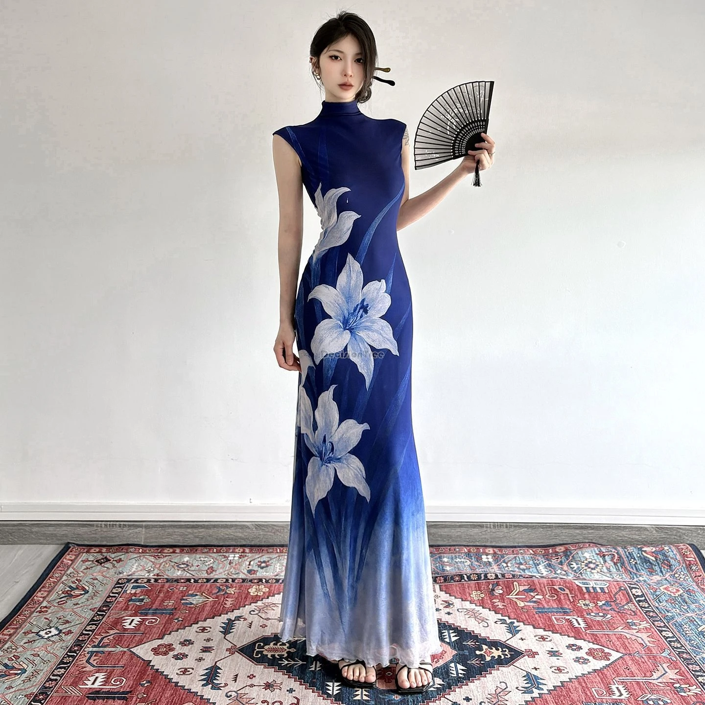 

2025 new chinese improved style elegant blue gradient design cheongsam dress tulle flower print slimming sexy long qipao dress