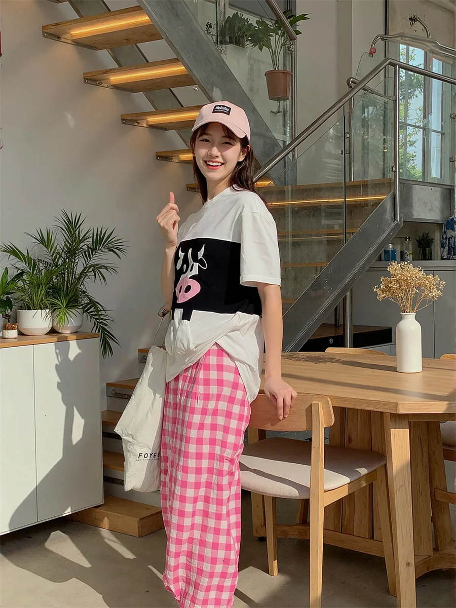 سروال نسائي فضفاض أزرق وردي منقوش على طراز الهيب هوب على طراز الشارع موضة حضرية مادة ناعمة مريحة ملابس يومية رائعة #5