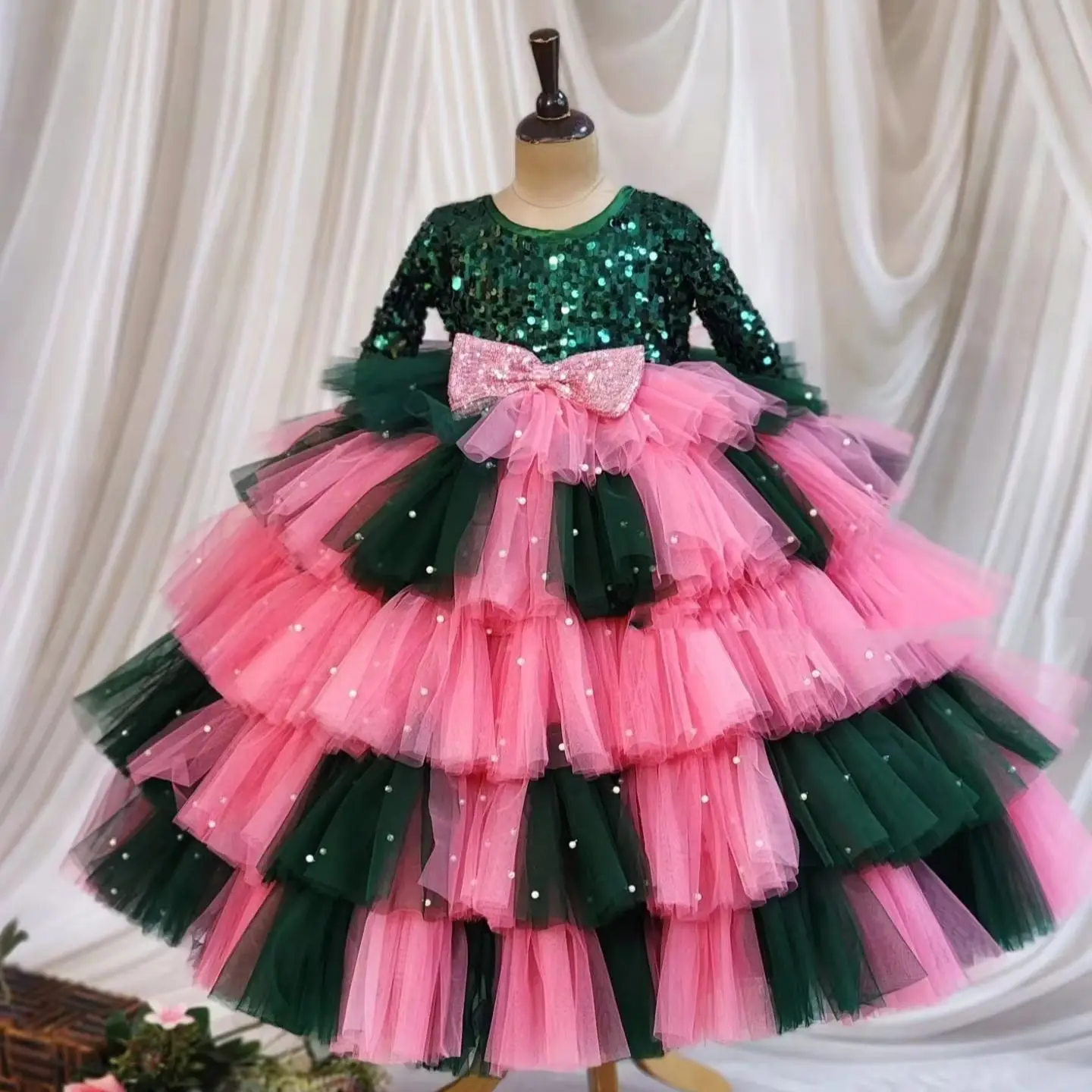Mint Green 3D Floral Girls Birthday Dress Beaded Kids Princess Pageant Gowns Flower Girl Dress For Wedding Customized