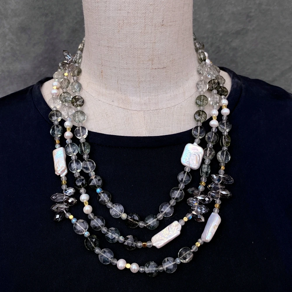 yygem 3 strands 10mm green Rutilated Quartz faceted Coin Beads White keshi Pearl Collar Necklace
