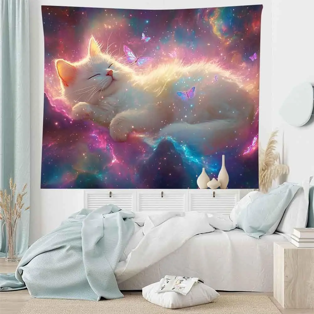 Whimsical Cat Nebula Tapestry Galaxy Space Cosmic Kitten Wall Hanging Bohemian Aesthetic Bedroom Living Room Decor Art