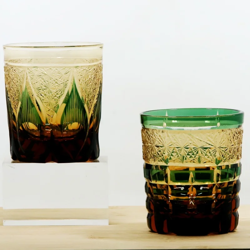 Heavy Japanese Style Edo Kiriko Amber Black Whiskey Glass Tumbler - Home Bar Decor Rocks Bucket Cocktail Glass for Business Men
