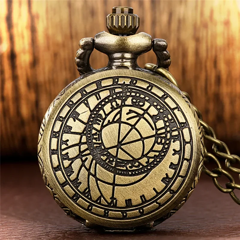 Vintage Hollow-out Compass Pocket Watch Bronze Geometry Astronomical Design Quartz Clock Necklace Chain with Pendant Gadget